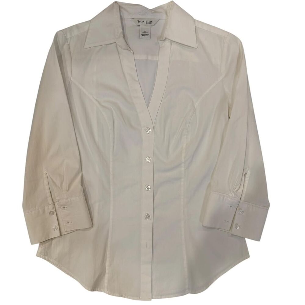 White House Black Market Women's White Button-Front Fitted Blouse - Picture 2 of 5